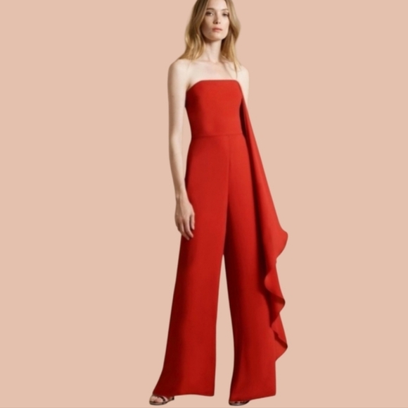 NWT Halston Heritage Red Strapless Draped Side Jumpsuit Size 10